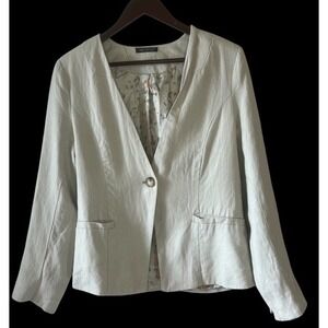 For Cynthia Linen Khaki‎ Animal Print Lining Blazer Suit Jacket Womens Medium